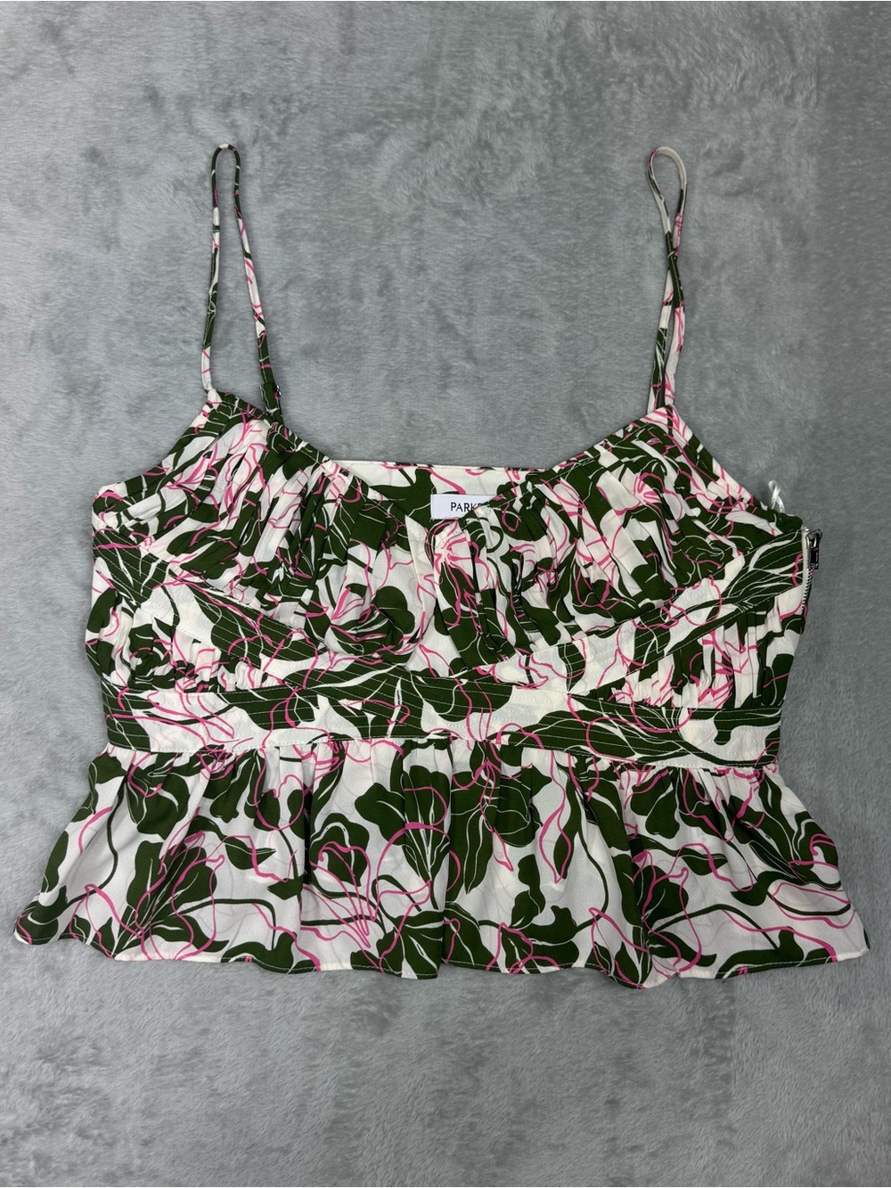 PARKER Floral Print Peplum Cami Tank Top Women’s Egret White Green Pink SZ 12